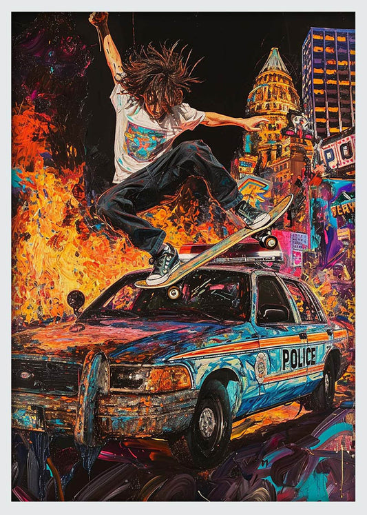 Urban Rebellion Skate Art – Skater Over Police Car Canvas & Poster Print – T1187 – AiPrintLab