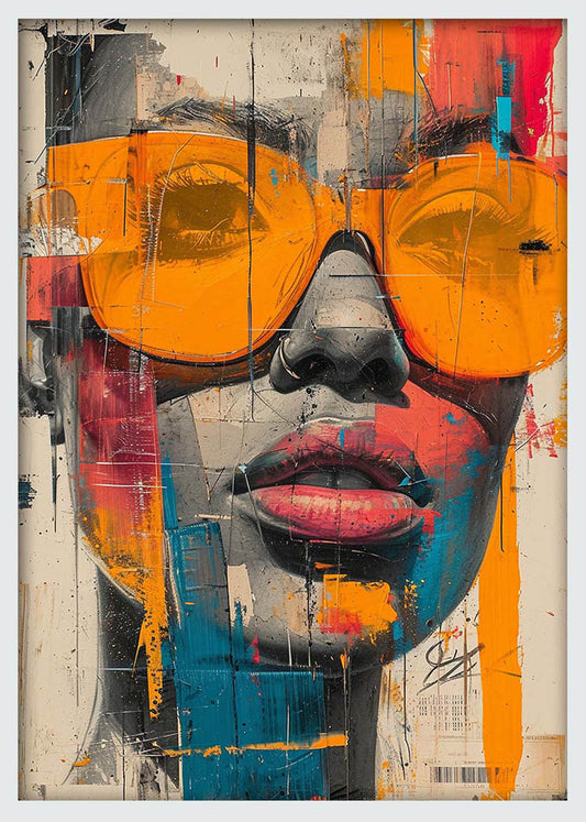 Urban Woman with Orange Glasses – Abstract Street Style Canvas & Poster Wall Art – T1160 – AiPrintLab