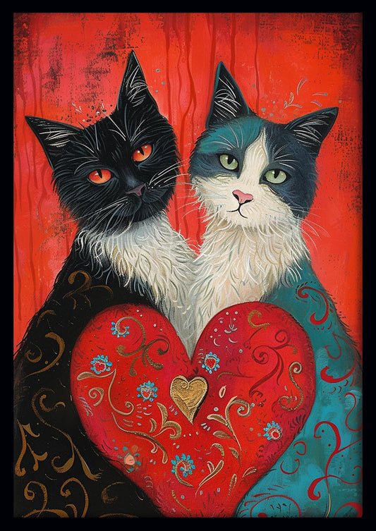 Valentine Cats Holding Heart – Romantic Cat Couple Canvas Art – T934 – AiPrintLab