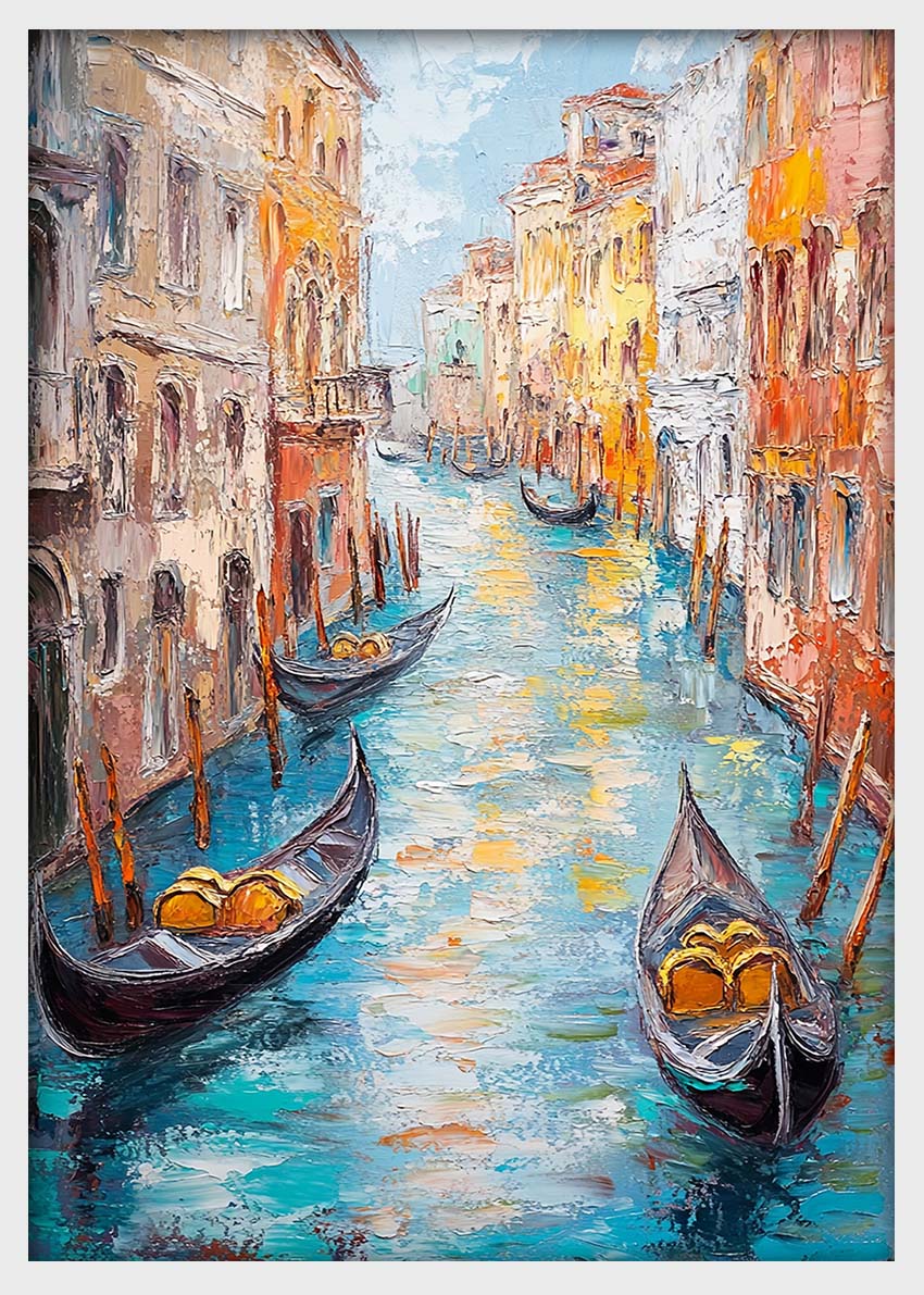 Venetian Canal with Gondolas – Palette Knife Cityscape Canvas & Poster – T1415 –