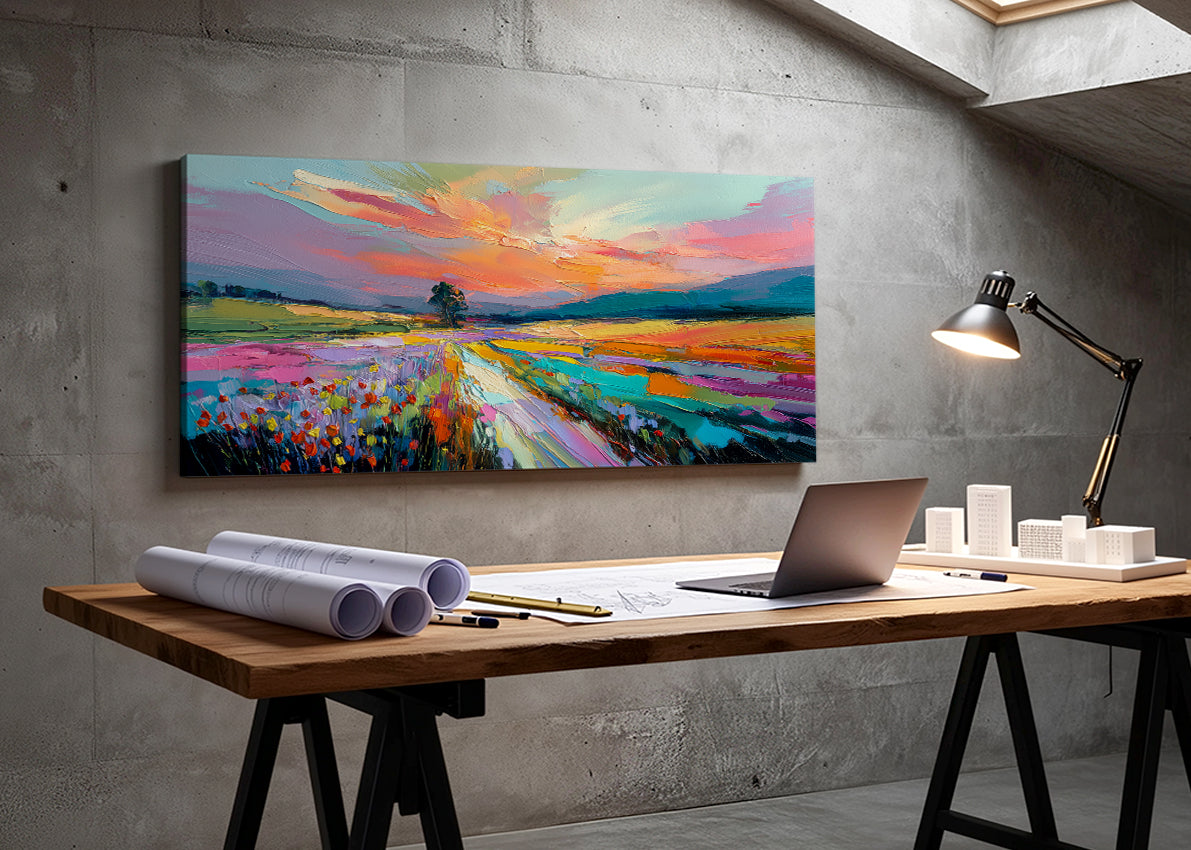 Vibrant Abstract Sunset Landscape Canvas Wall Art – Single & 3 Panel Split – AI PRINT LAB