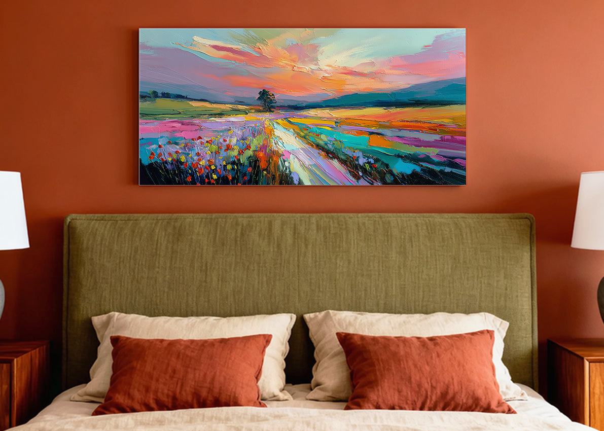 Vibrant Abstract Sunset Landscape Canvas Wall Art – Single & 3 Panel Split – AI PRINT LAB