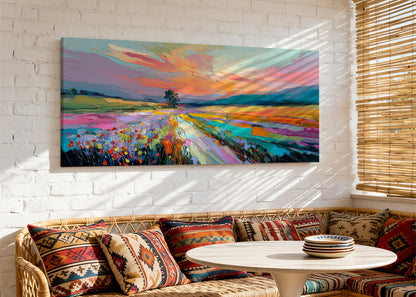 Vibrant Abstract Sunset Landscape Canvas Wall Art – Single & 3 Panel Split – AI PRINT LAB