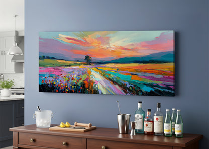 Vibrant Abstract Sunset Landscape Canvas Wall Art – Single & 3 Panel Split – AI PRINT LAB