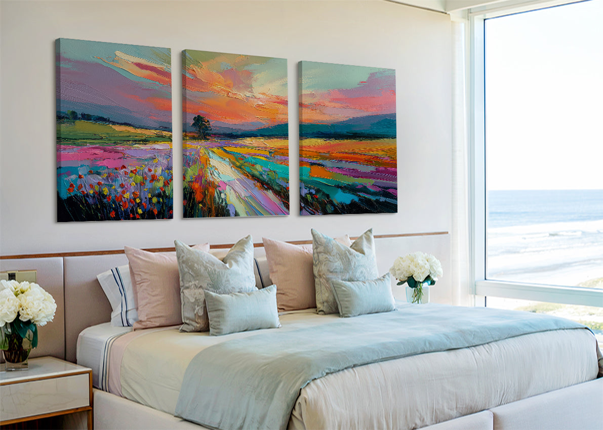 Vibrant Abstract Sunset Landscape Canvas Wall Art – Single & 3 Panel Split – AI PRINT LAB