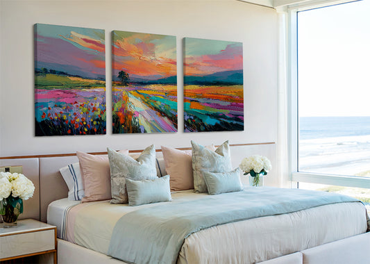 Vibrant Abstract Sunset Landscape Canvas Wall Art – Single & 3 Panel Split – AI PRINT LAB