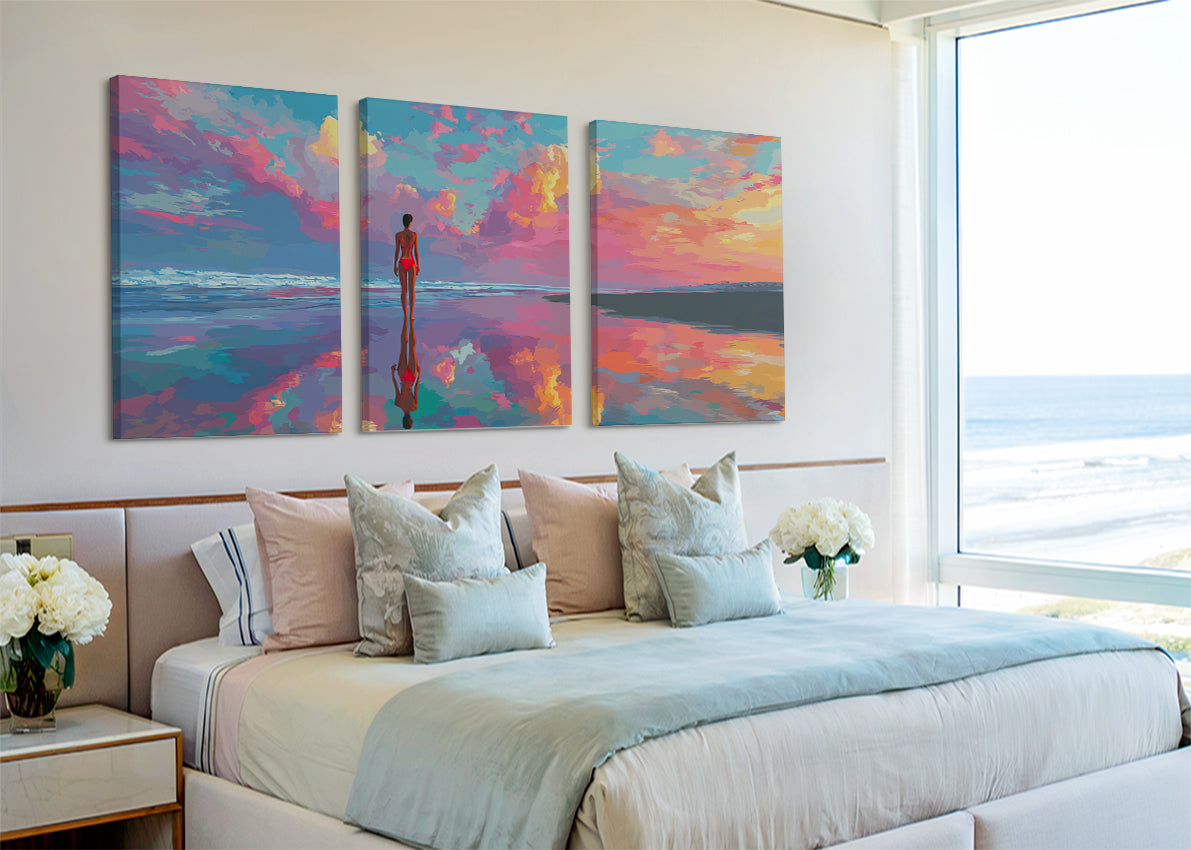 Vibrant Beach Reflection Sunset Canvas Wall Art – Single & 3 Panel Canvas – AI PRINT LAB