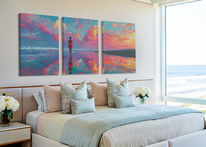 Vibrant Beach Reflection Sunset Canvas Wall Art – Single & 3 Panel Canvas – AI PRINT LAB
