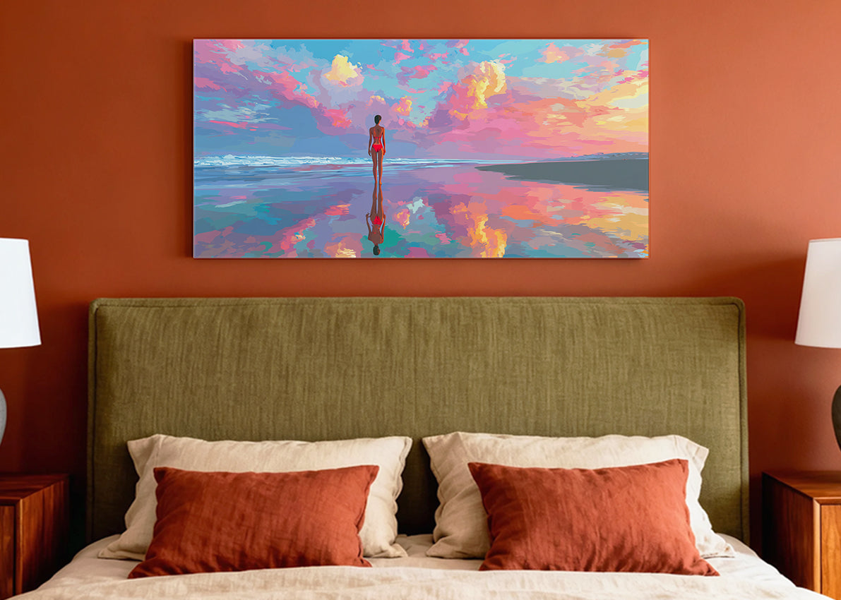 Vibrant Beach Reflection Sunset Canvas Wall Art – Single & 3 Panel Canvas – AI PRINT LAB