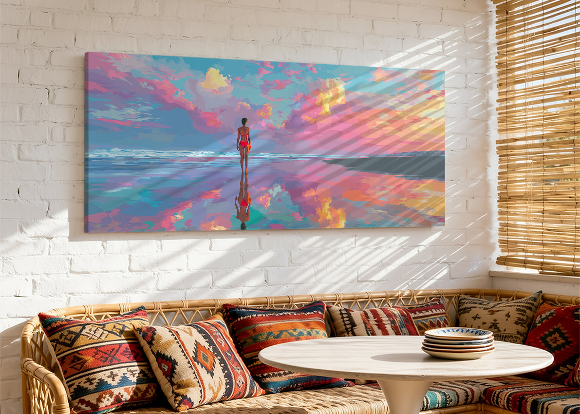 Vibrant Beach Reflection Sunset Canvas Wall Art – Single & 3 Panel Canvas – AI PRINT LAB