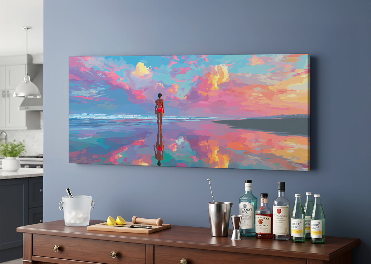 Vibrant Beach Reflection Sunset Canvas Wall Art – Single & 3 Panel Canvas – AI PRINT LAB
