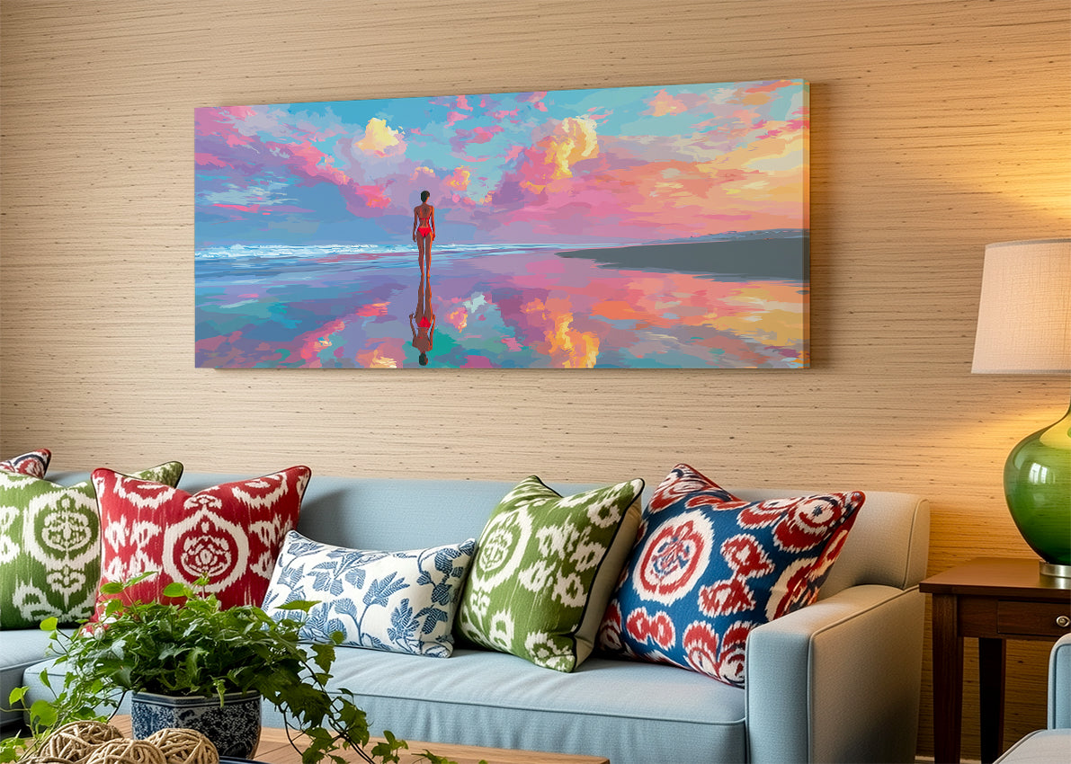 Vibrant Beach Reflection Sunset Canvas Wall Art – Single & 3 Panel Canvas – AI PRINT LAB