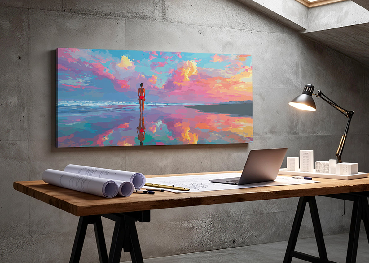 Vibrant Beach Reflection Sunset Canvas Wall Art – Single & 3 Panel Canvas – AI PRINT LAB
