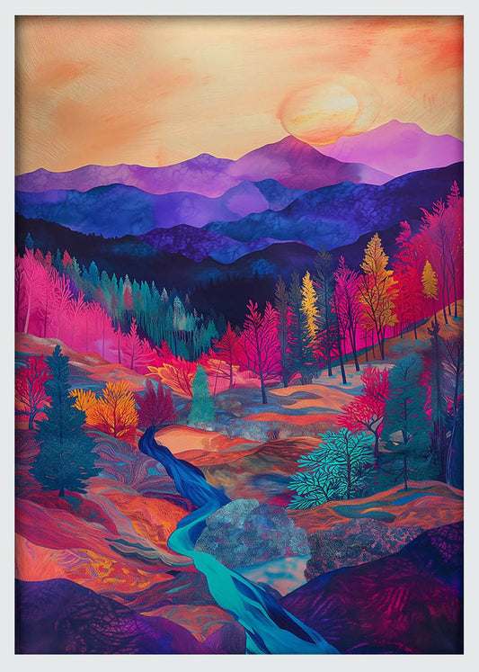 Vibrant Fantasy Landscape – Colorful Mountain Sunset Canvas & Poster Art – T1094 – AiPrintLab