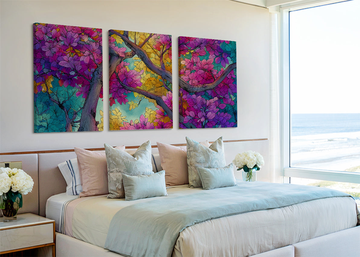 Vibrant Floral Tree Canvas Wall Art – Colorful Blossom Branch Painting – Single & 3 Panel Canvas – AI PRINT LAB
