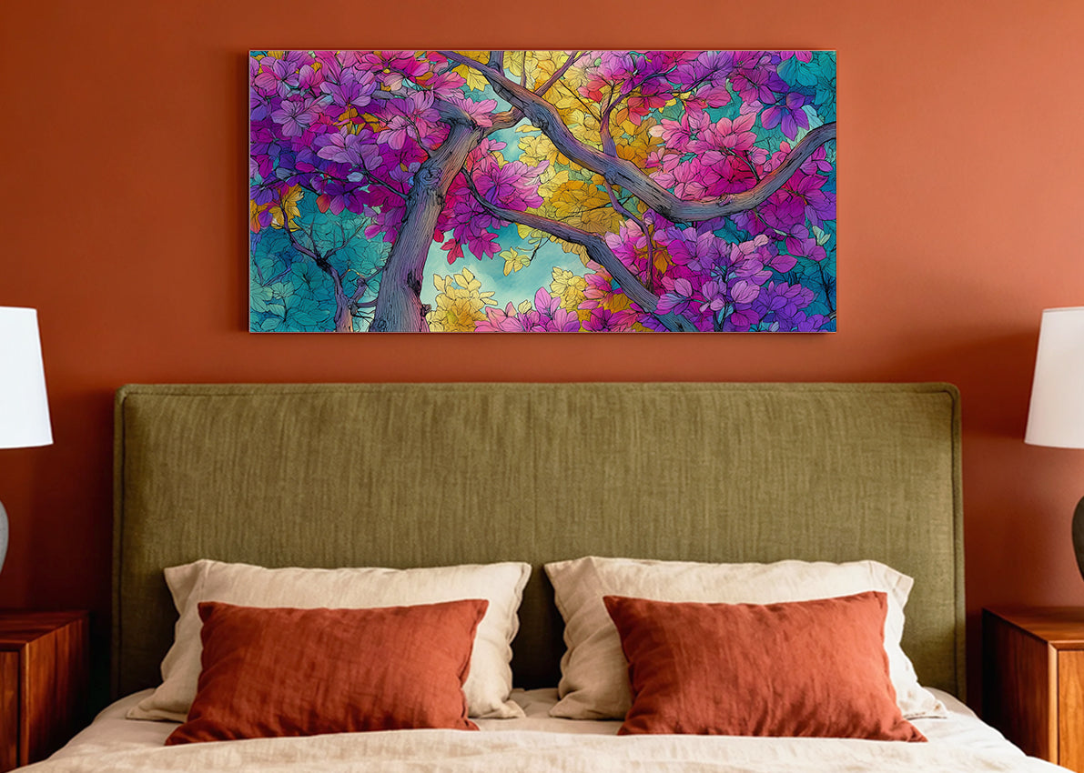 Vibrant Floral Tree Canvas Wall Art – Colorful Blossom Branch Painting – Single & 3 Panel Canvas – AI PRINT LAB