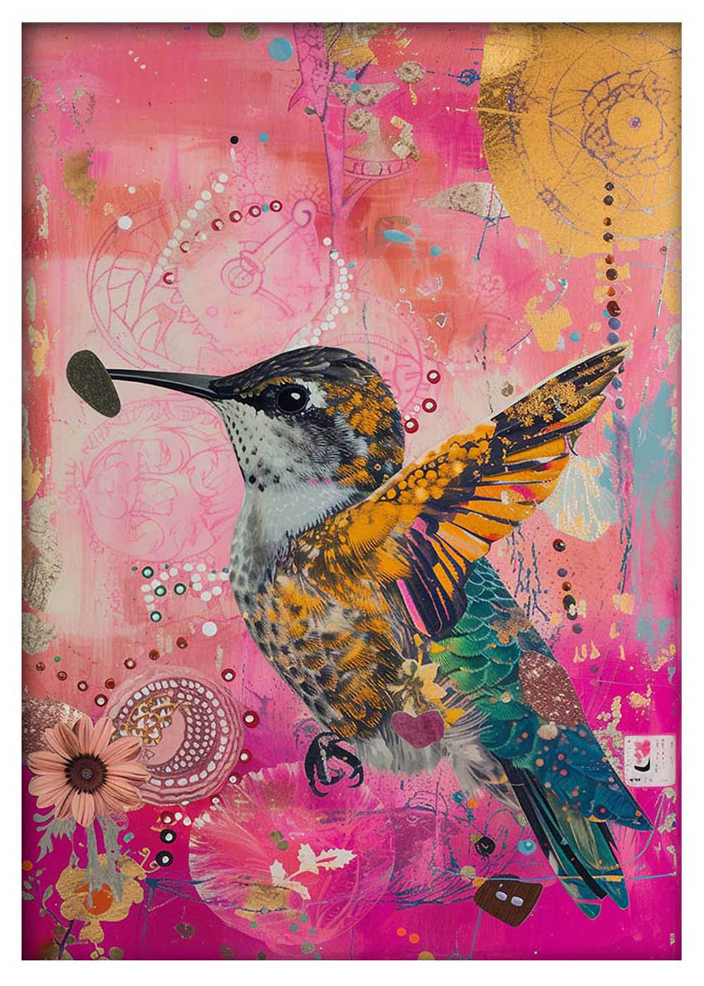 Vibrant Hummingbird on Pink – Colorful Mixed Media Bird Canvas & Poster Art – T983 – AiPrintLab