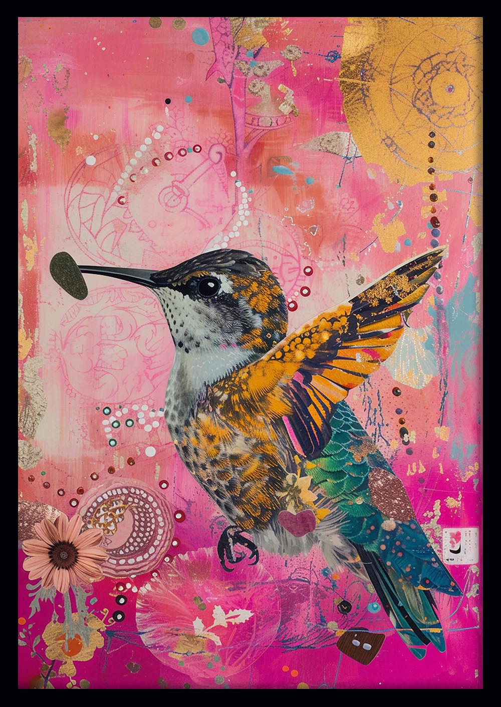 Vibrant Hummingbird on Pink – Colorful Mixed Media Bird Canvas & Poster Art – T983 – AiPrintLab