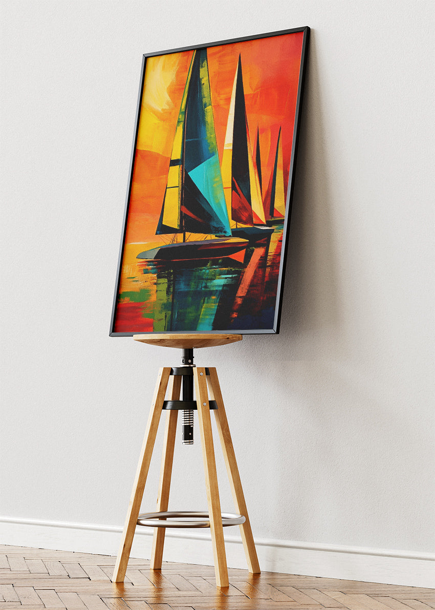 Vibrant Sailboats at Sunset – Bold Abstract Nautical Wall Art Poster & Canvas – AI PRINT LAB