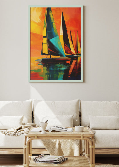 Vibrant Sailboats at Sunset – Bold Abstract Nautical Wall Art Poster & Canvas – AI PRINT LAB
