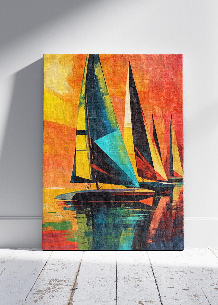 Vibrant Sailboats at Sunset – Bold Abstract Nautical Wall Art Poster & Canvas – AI PRINT LAB