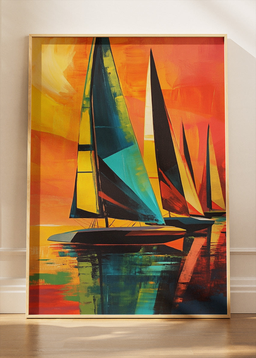 Vibrant Sailboats at Sunset – Bold Abstract Nautical Wall Art Poster & Canvas – AI PRINT LAB