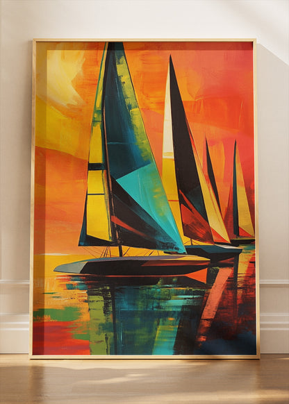 Vibrant Sailboats at Sunset – Bold Abstract Nautical Wall Art Poster & Canvas – AI PRINT LAB