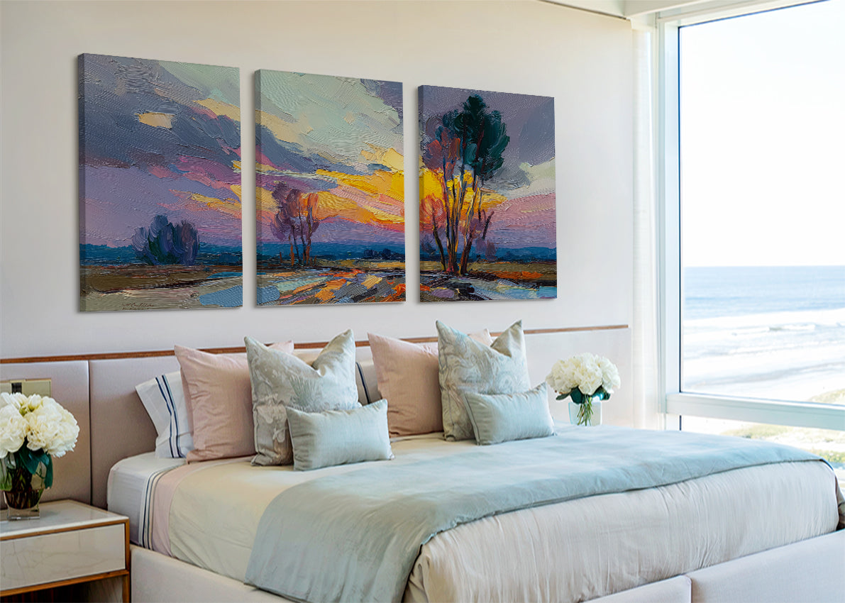 Vibrant Sunset Trees Landscape Canvas Wall Art – Single & 3 Panel Canvas – AI PRINT LAB