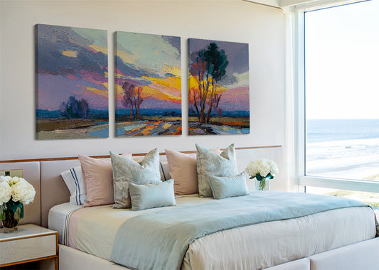 Vibrant Sunset Trees Landscape Canvas Wall Art – Single & 3 Panel Canvas – AI PRINT LAB