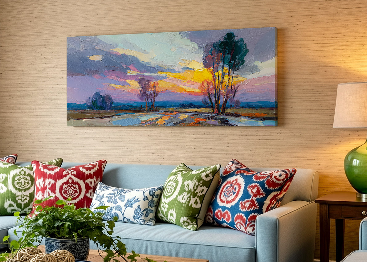 Vibrant Sunset Trees Landscape Canvas Wall Art – Single & 3 Panel Canvas – AI PRINT LAB