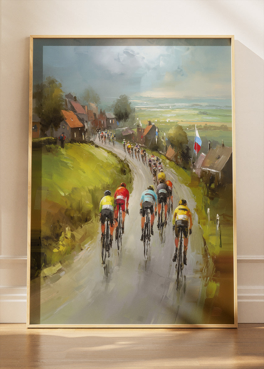 Village Road Cycling Poster & Canvas Art Print – Peloton Through Countryside Homes