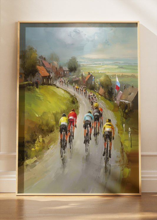 Village Road Cycling Poster & Canvas Art Print – Peloton Through Countryside Homes