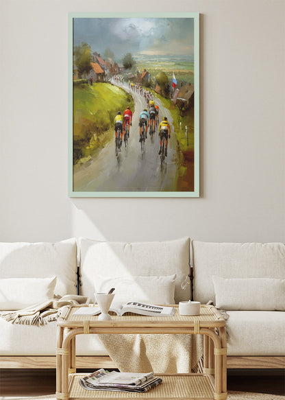 Village Road Cycling Poster & Canvas Art Print – Peloton Through Countryside Homes