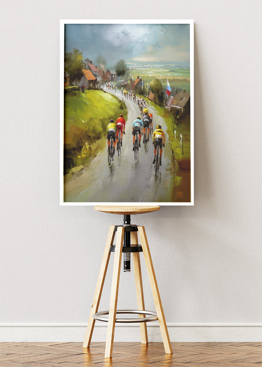 Village Road Cycling Poster & Canvas Art Print – Peloton Through Countryside Homes