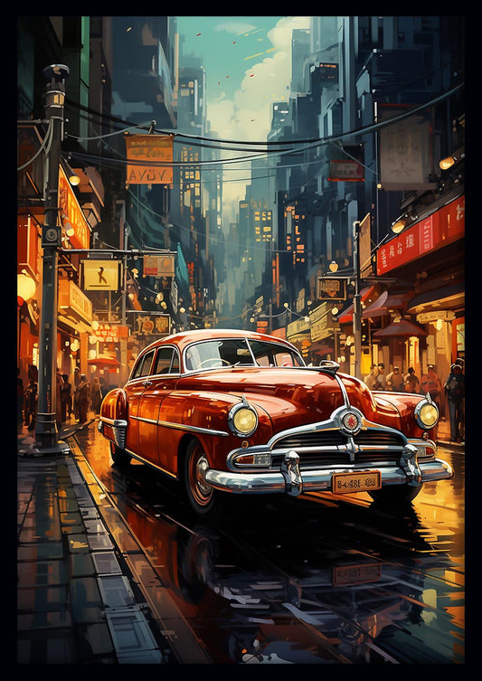 Vintage Car in Neon City Canvas Print & Poster – T572 – AiPrintLab