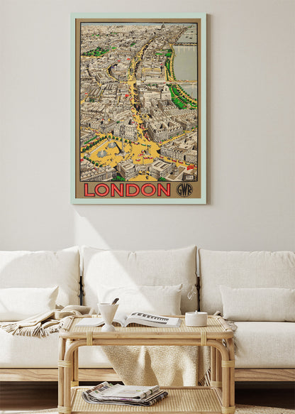 Vintage London City Map Poster & Canvas Print – Illustrated Aerial View Travel Art – A1005