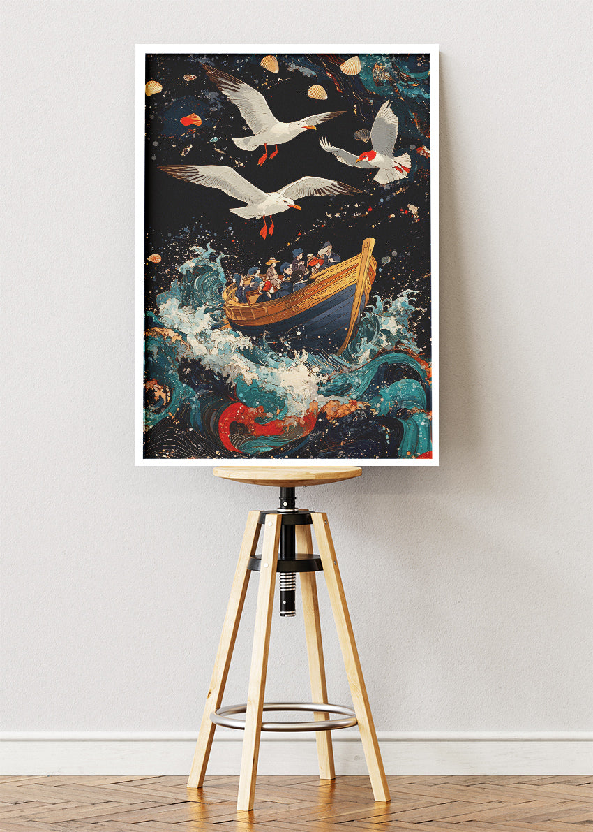 Vintage Sailboat in Stormy Seas – Dramatic Ocean Illustration Wall Art Poster & Canvas