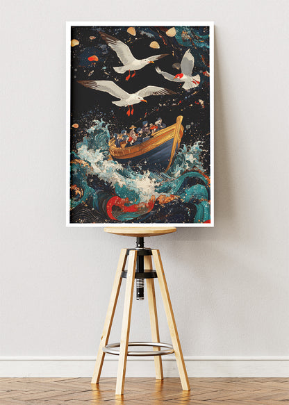 Vintage Sailboat in Stormy Seas – Dramatic Ocean Illustration Wall Art Poster & Canvas