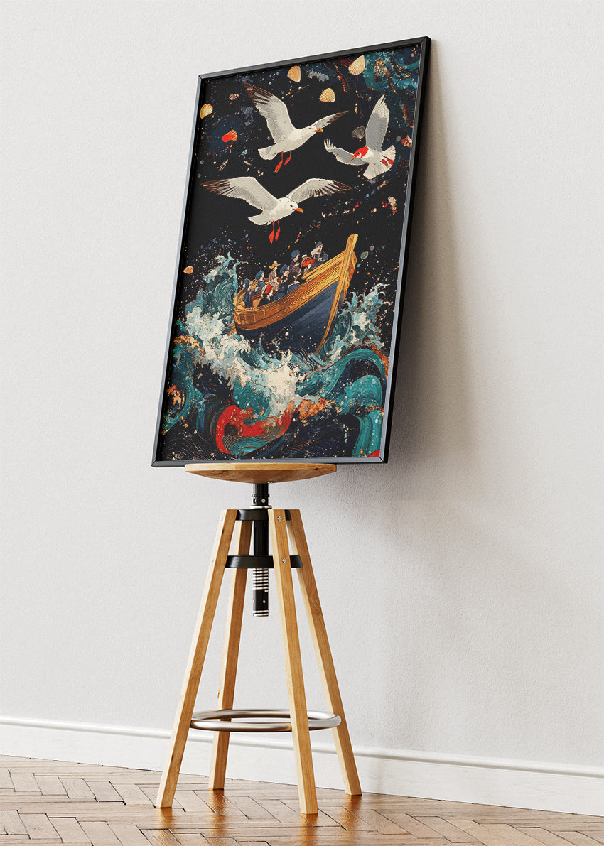 Vintage Sailboat in Stormy Seas – Dramatic Ocean Illustration Wall Art Poster & Canvas