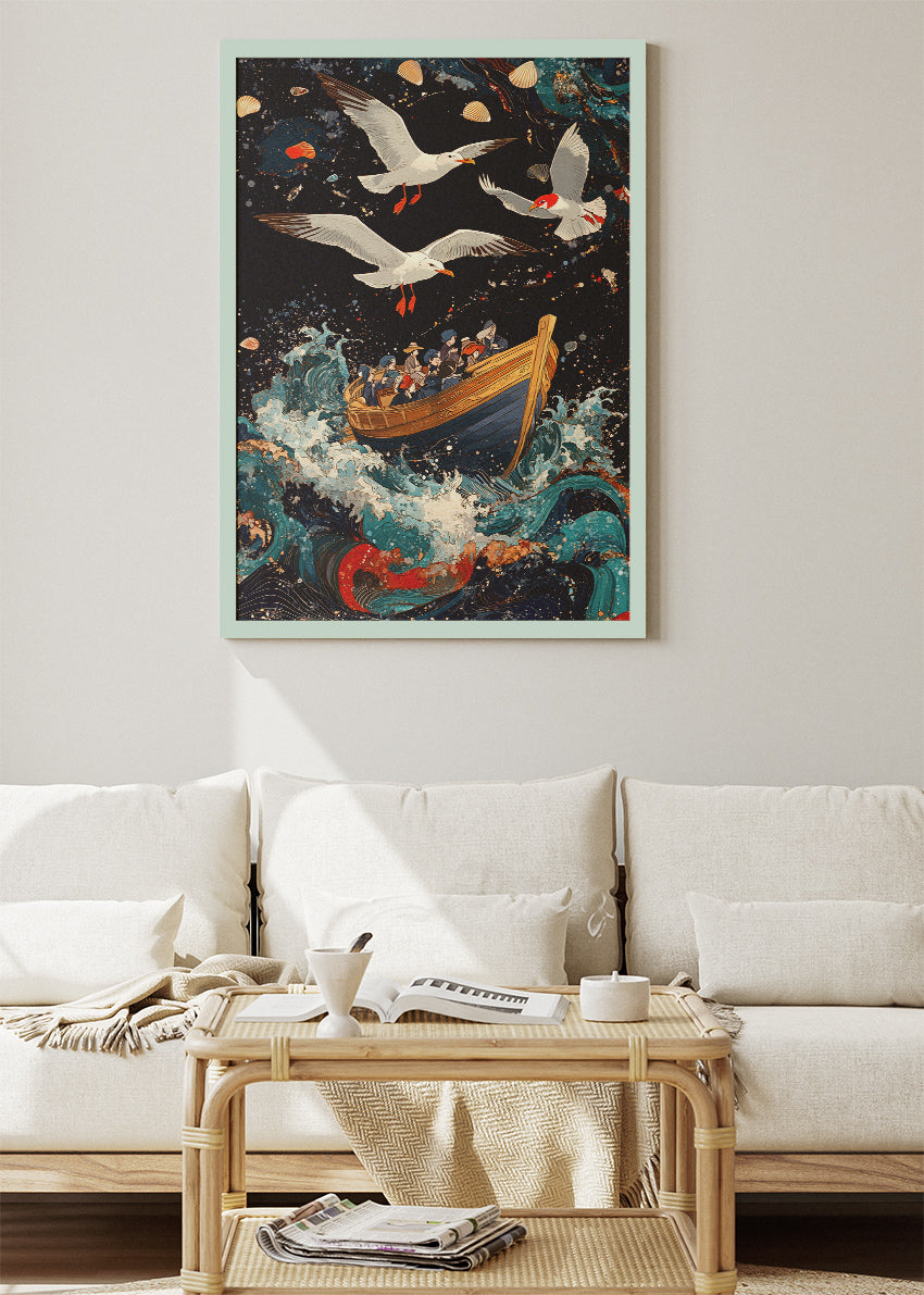 Vintage Sailboat in Stormy Seas – Dramatic Ocean Illustration Wall Art Poster & Canvas
