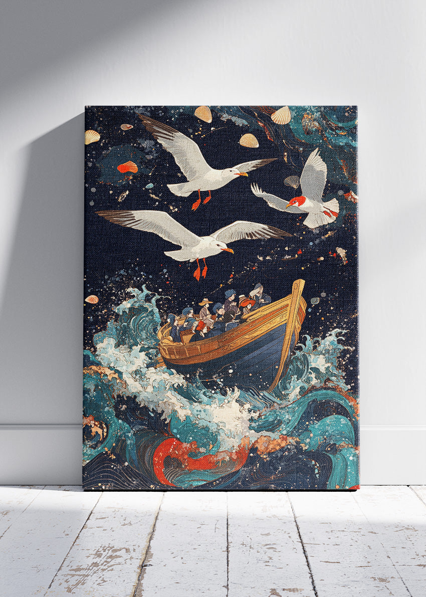 Vintage Sailboat in Stormy Seas – Dramatic Ocean Illustration Wall Art Poster & Canvas