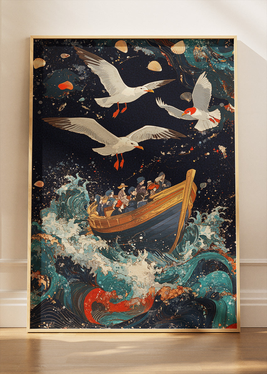 Vintage Sailboat in Stormy Seas – Dramatic Ocean Illustration Wall Art Poster & Canvas