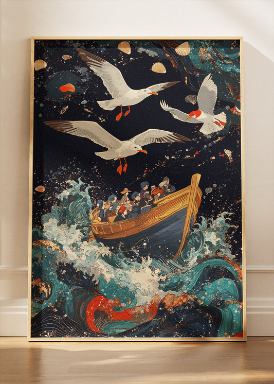 Vintage Sailboat in Stormy Seas – Dramatic Ocean Illustration Wall Art Poster & Canvas