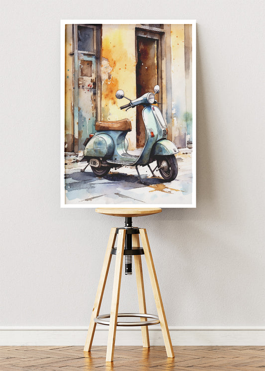 Vintage Scooter Watercolor Poster Canvas & Print – AI PRINT LAB