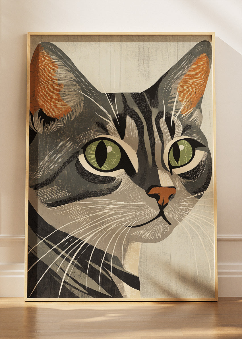 Vintage Tabby Cat Wall Art Print & Canvas – Retro Minimal Cat Illustration
