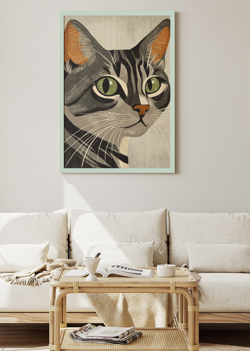 Vintage Tabby Cat Wall Art Print & Canvas – Retro Minimal Cat Illustration