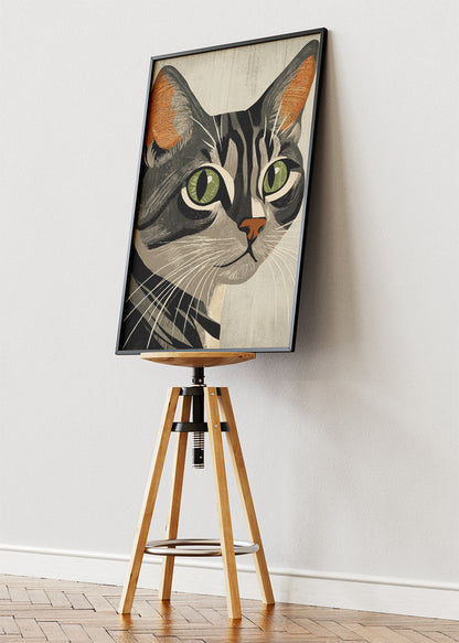 Vintage Tabby Cat Wall Art Print & Canvas – Retro Minimal Cat Illustration
