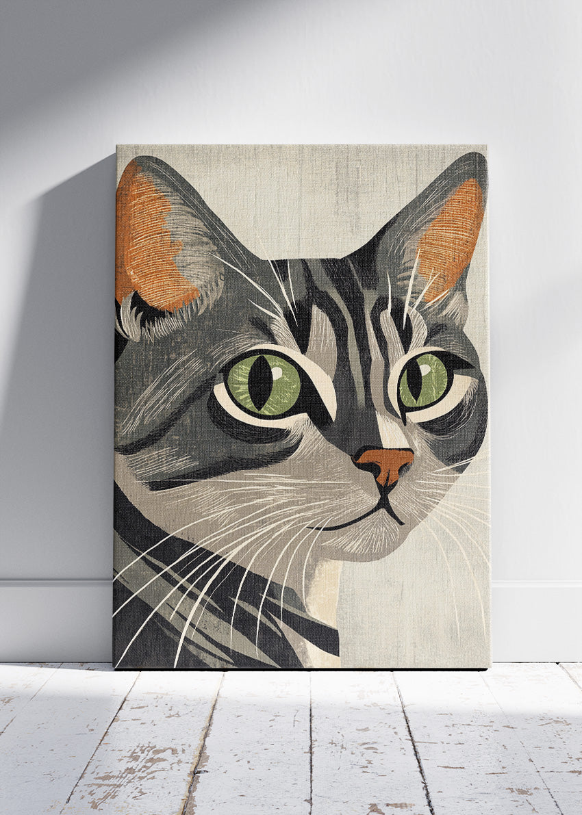 Vintage Tabby Cat Wall Art Print & Canvas – Retro Minimal Cat Illustration