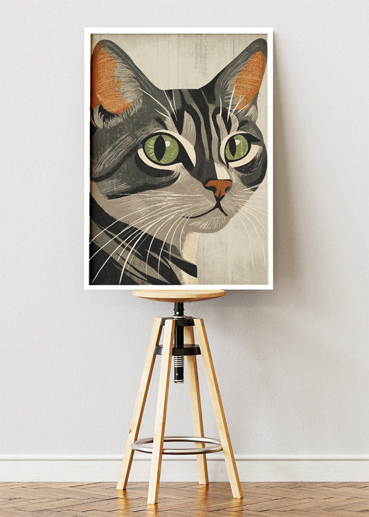 Vintage Tabby Cat Wall Art Print & Canvas – Retro Minimal Cat Illustration