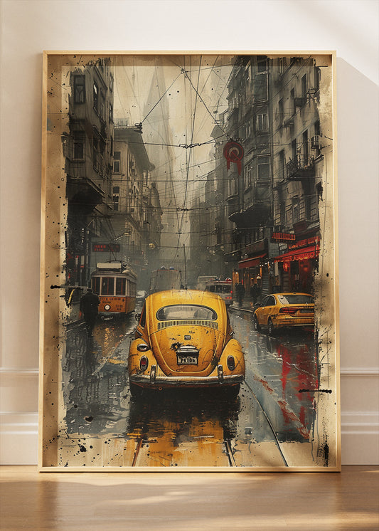 Volkswagen Beetle Rainy City Art Poster & Canvas Print – Vintage VW Beetle Urban Wall Art